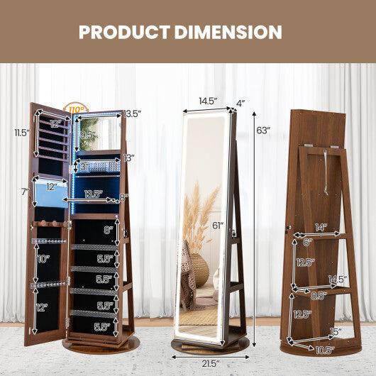 Standing Jewelry Cabinet with Adjustable LED Lights – Brown Finish