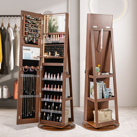 Standing Jewelry Cabinet with Adjustable LED Lights – Brown Finish