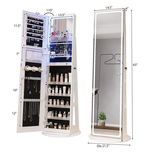 Standing Jewelry Cabinet with Adjustable LED Lights – White Finish