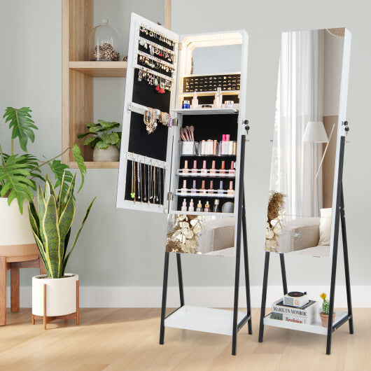 Lockable Freestanding Jewelry Organizer with Full-Length Frameless Mirror – White