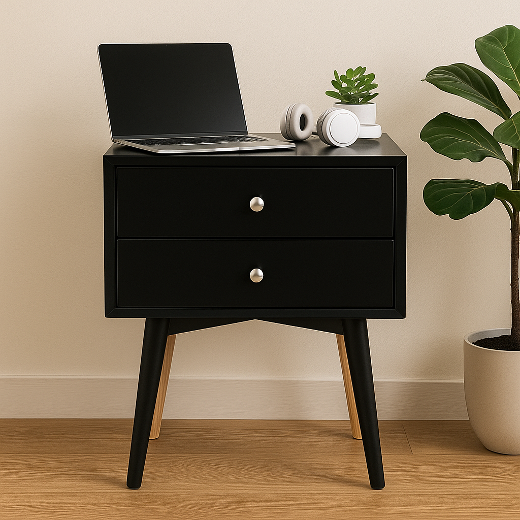 Viva Nocturne Elite Mid-Century Bedside Table – Premium 2-Drawer Rubber Wood Legs