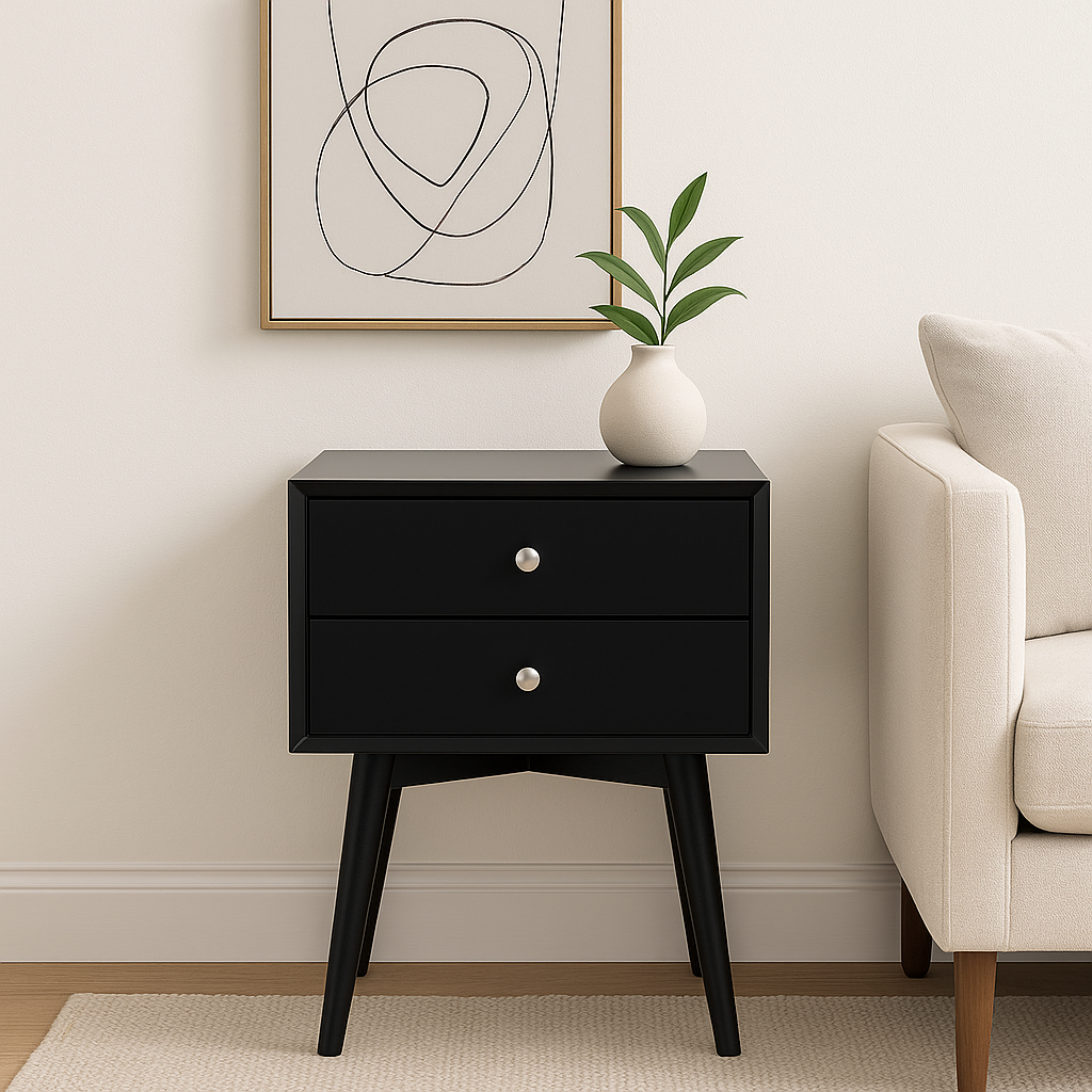 Viva Nocturne Elite Mid-Century Bedside Table – Premium 2-Drawer Rubber Wood Legs