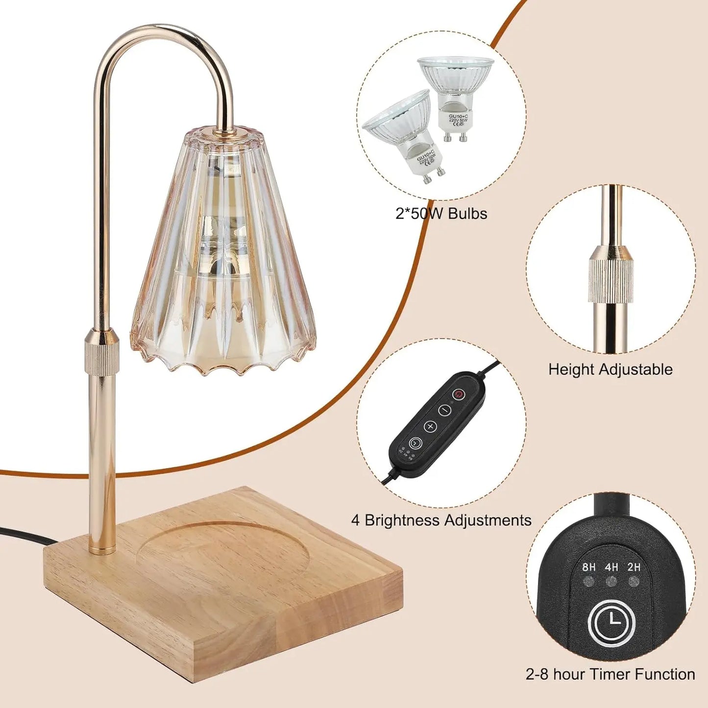 Table lamp with wooden base, adjustable height, and bulb information on a beige background