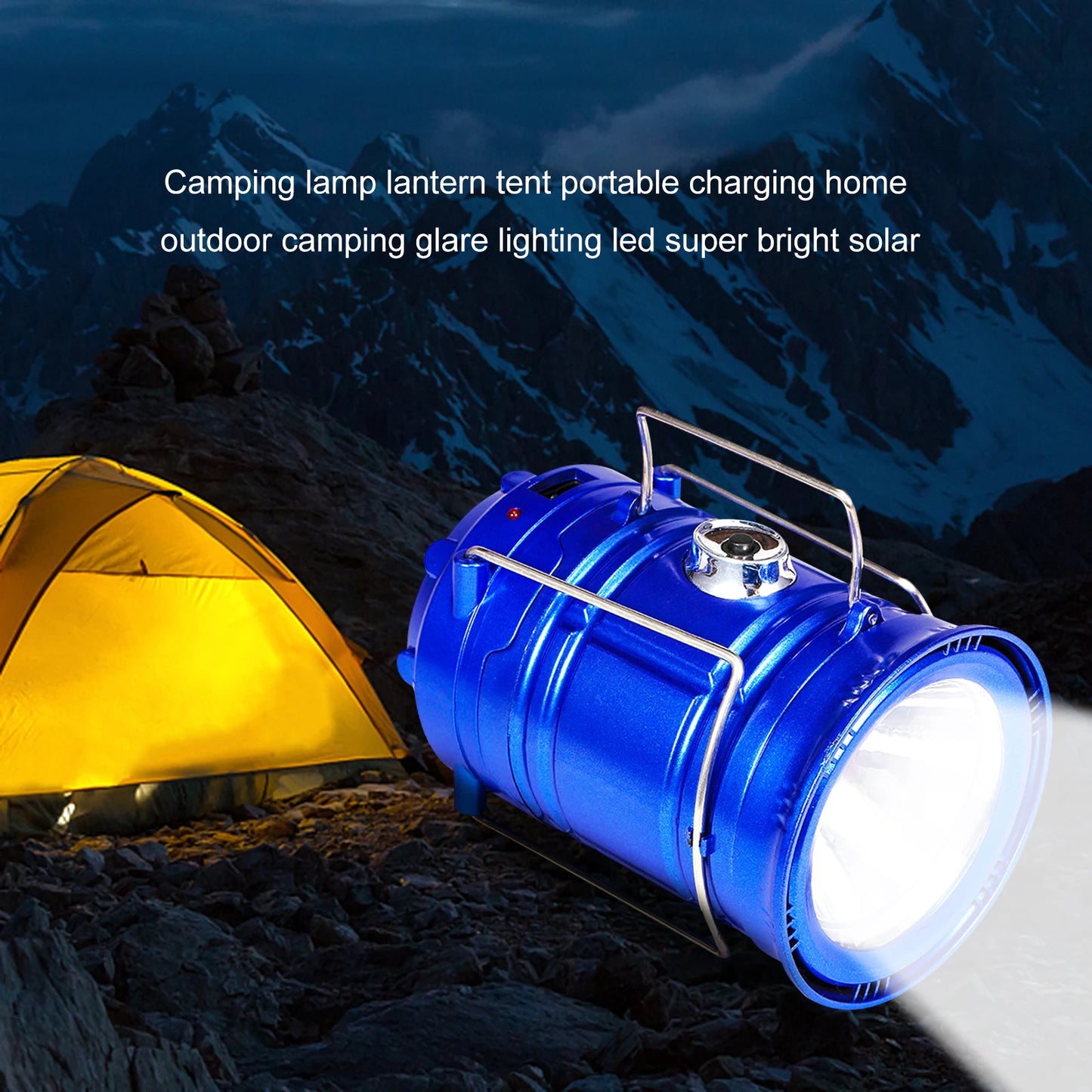 Blue camping lamp lantern with a tent in the background on a mountainous landscape.