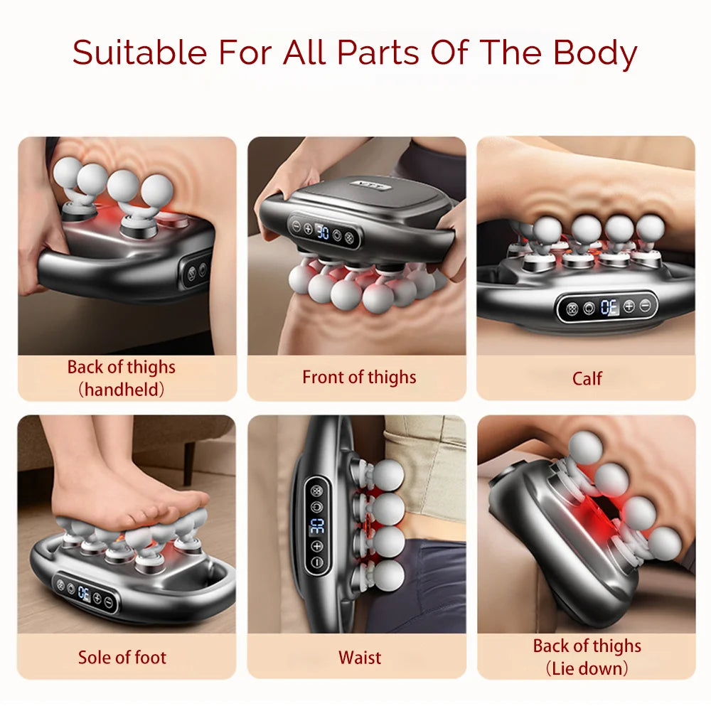 Massage device being used on various parts of the body with text indicating suitability for all body parts.