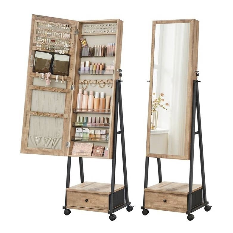 Industrial Modern Metal & Wood Jewelry Armoire Cabinet Organizer with Mirror on Wheels