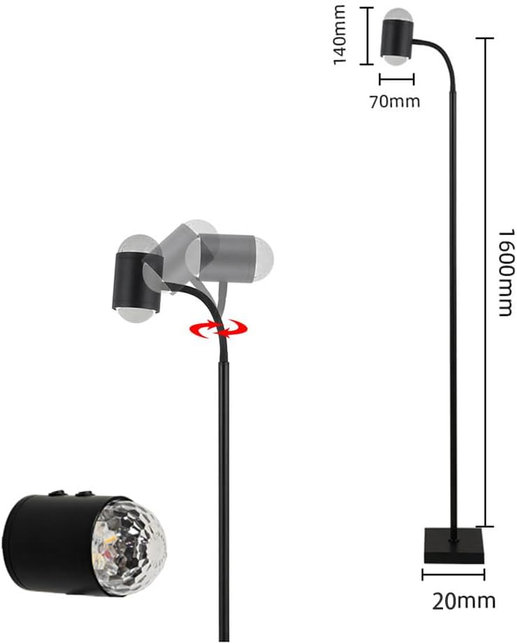 Black floor lamp with measurements on a white background