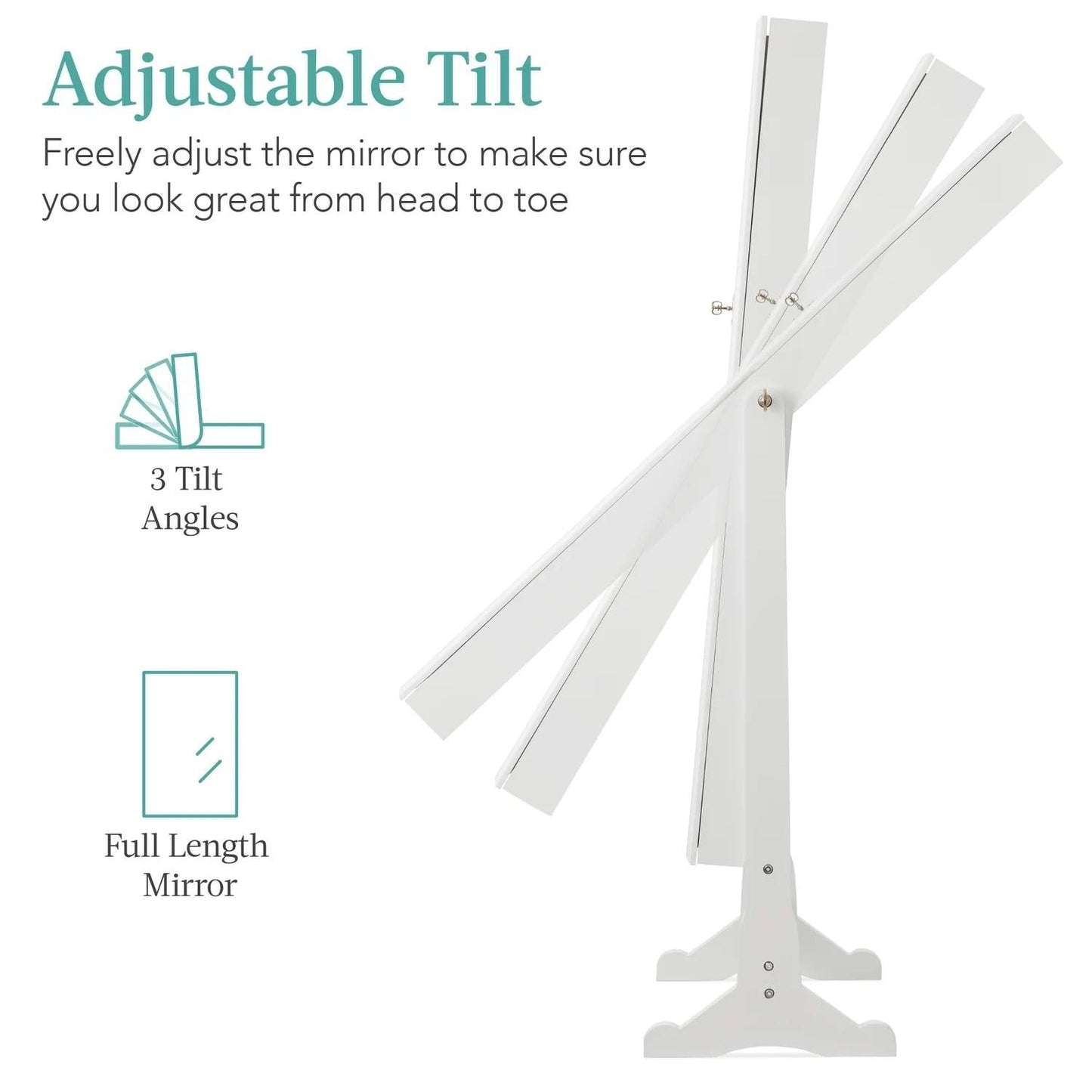 White freestanding jewelry cabinet shown at an adjustable mirror angle