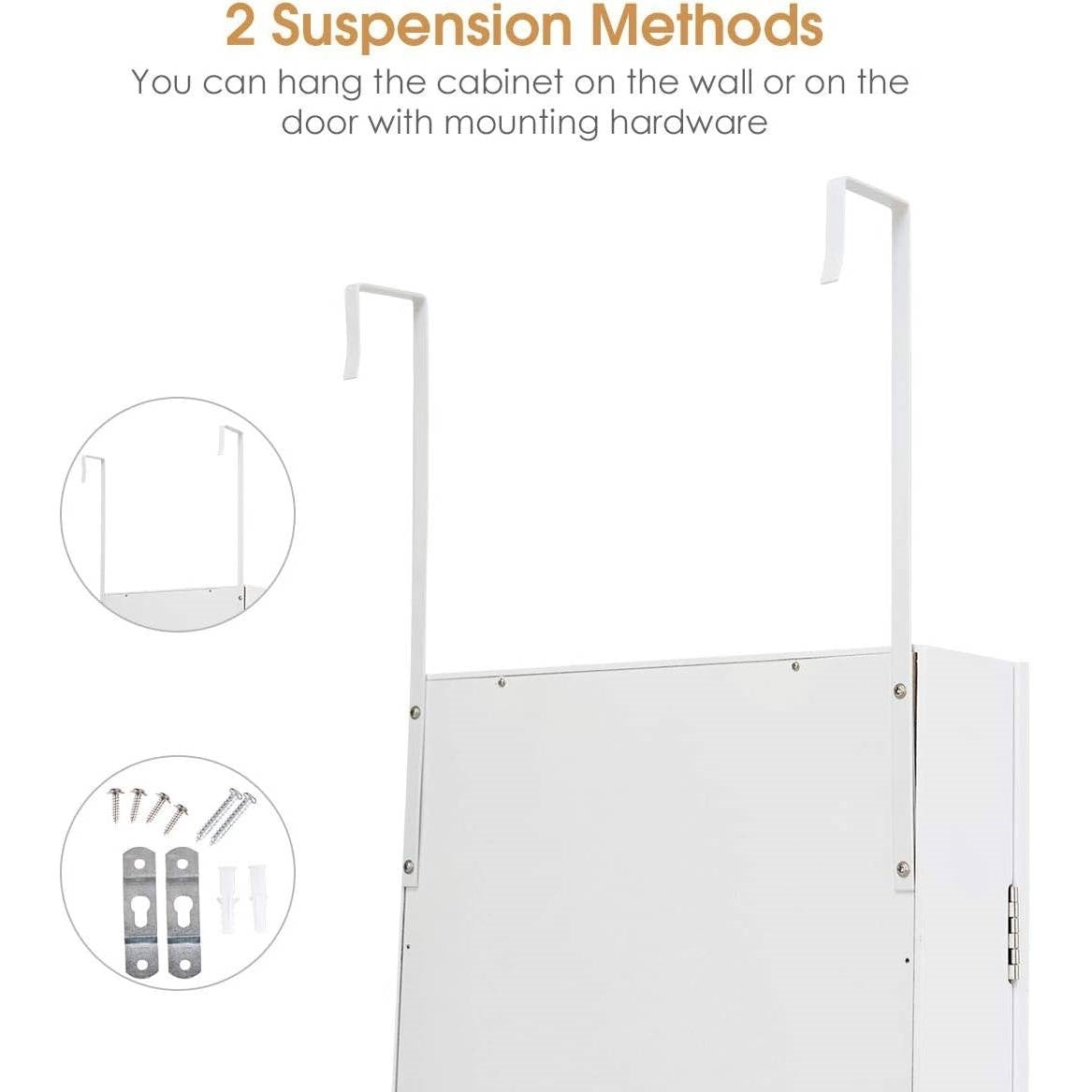 2-in-1 White Wall or Door Mounted Jewelry Organizer with Full-Length Mirror – Lockable Storage Cabinet