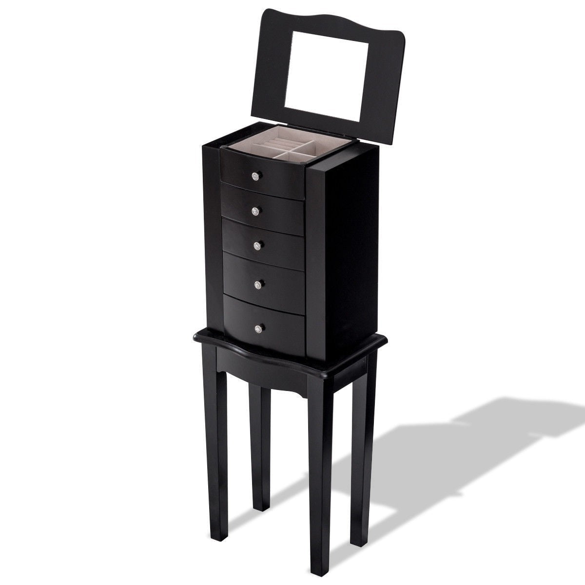 Black Wood 5-Drawer Jewelry Chest Storage Cabinet with Mirror – Elegant & Functional Jewelry Organizer
