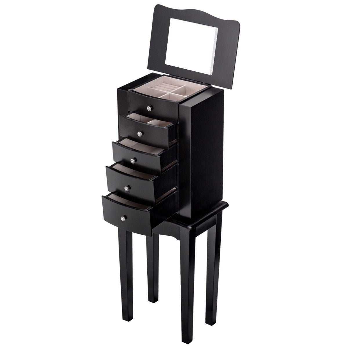 Black Wood 5-Drawer Jewelry Chest Storage Cabinet with Mirror – Elegant & Functional Jewelry Organizer