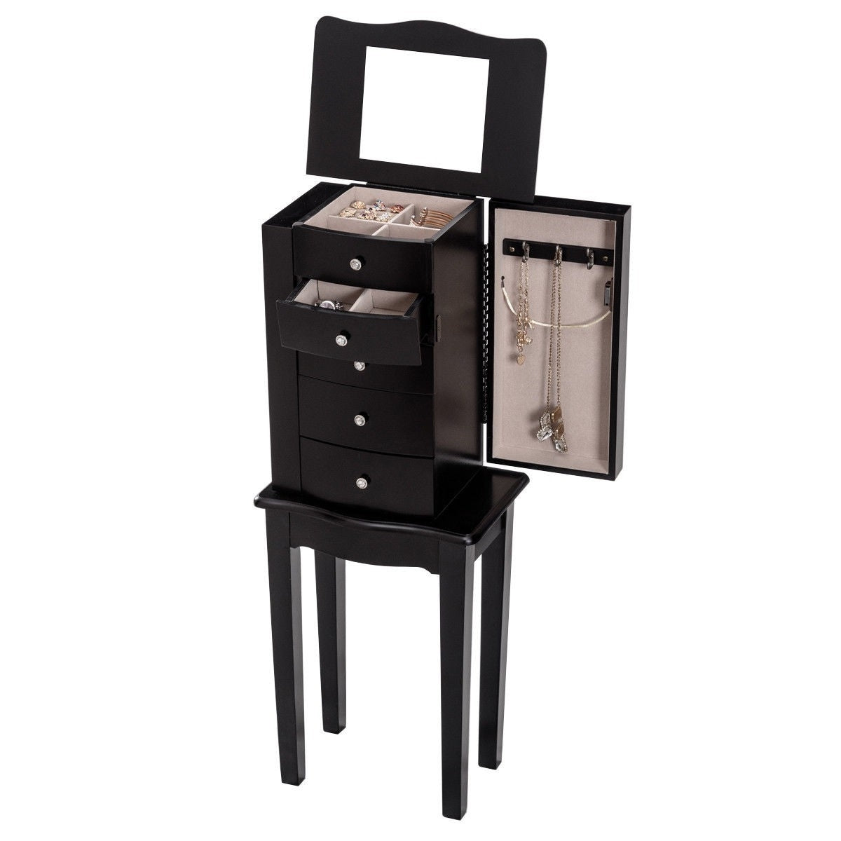 Black Wood 5-Drawer Jewelry Chest Storage Cabinet with Mirror – Elegant & Functional Jewelry Organizer