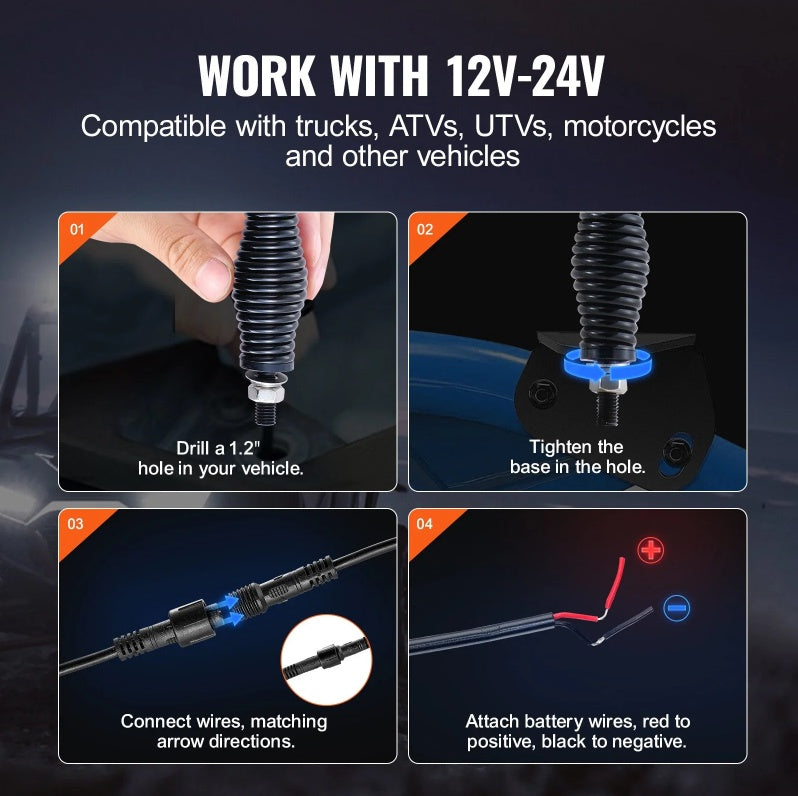 2 Pcs 3FT LED Whip Light with Spring Base – Ultimate RGB Chasing Lights for UTVs, ATVs, and More!