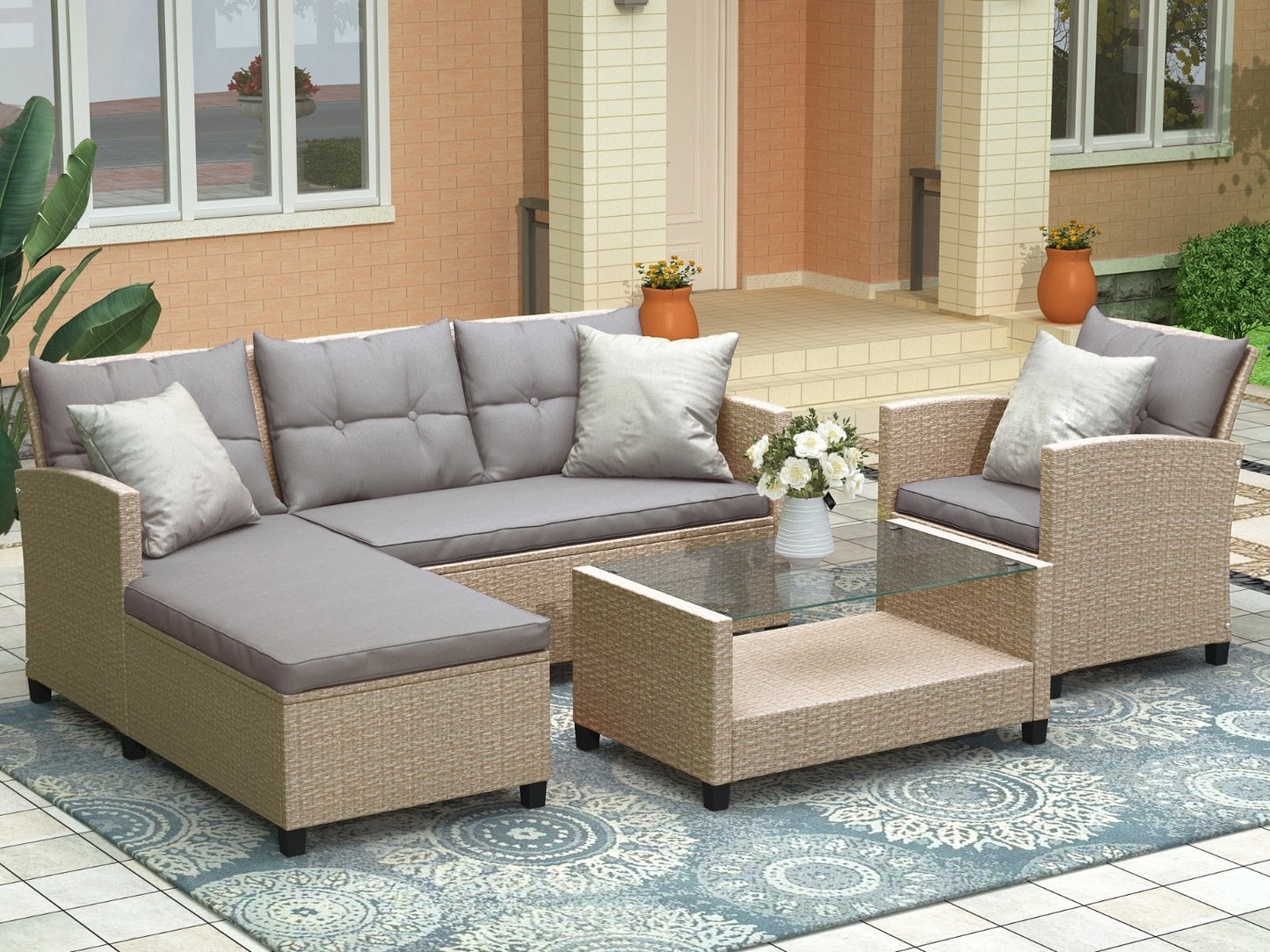 U STYLE Patio Furniture Sets 4PC Wicker Rattan Sofa Conversation Set
