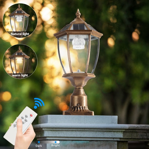 Vintage Gold Solar Pillar Headlight with Dimmable LED – Elegant Outdoor Lighting Solution