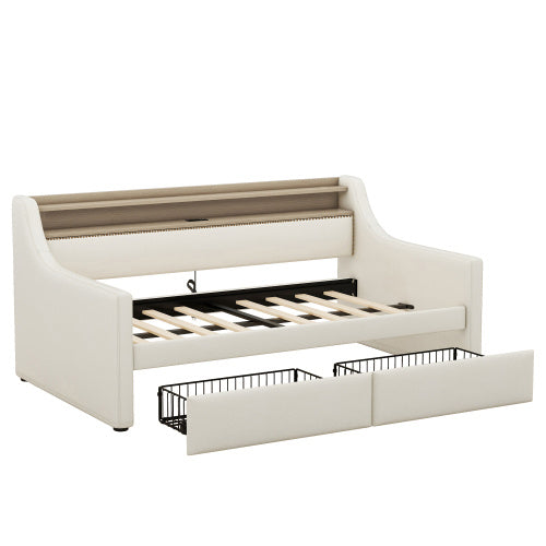 Twin Size Upholstered Daybed with Storage Drawers, LED Lights & Charging Station – Elegant Multifunctional Comfort