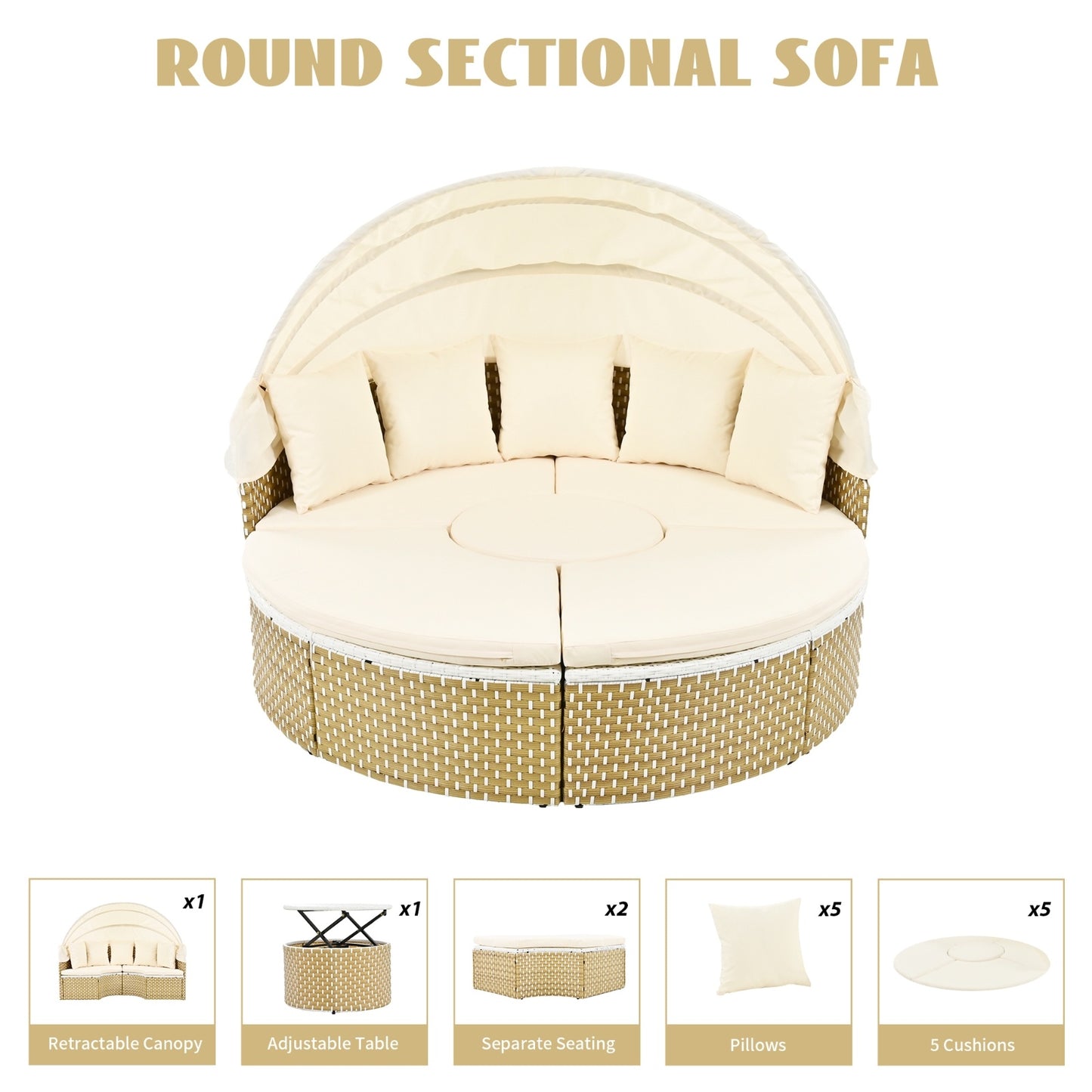 Luxury Outdoor Round Sectional Sofa Set | Premium Rattan Sunbed with Retractable Canopy