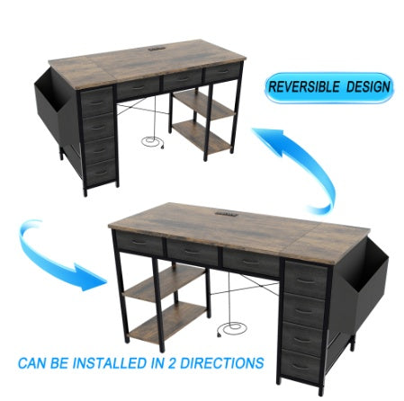 47-Inch Computer Desk with Power Outlet โ Rustic Brown Writing Desk with 7 Fabric Drawers & Large Side Pocket