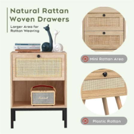 Wooden Nightstand With Woven Rattan Drawer Front - Stylish & Functional, Perfect For Home Decor