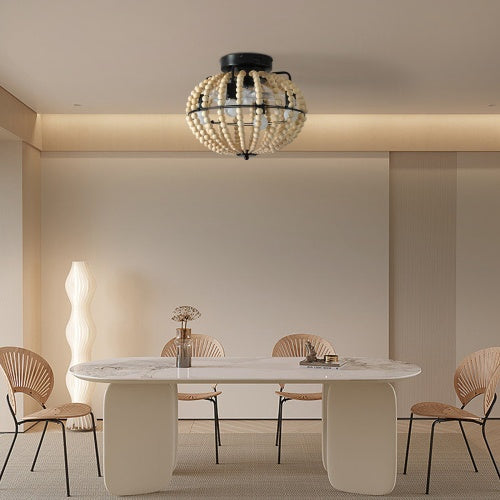 Elegant Beaded Fan Lamp | Handcrafted Wooden Chandelier in Oak White