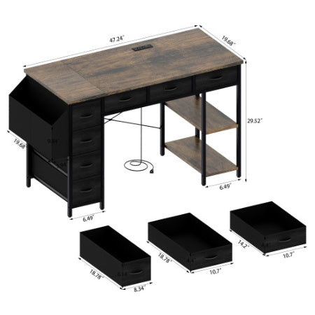 47-Inch Computer Desk with Power Outlet โ Rustic Brown Writing Desk with 7 Fabric Drawers & Large Side Pocket
