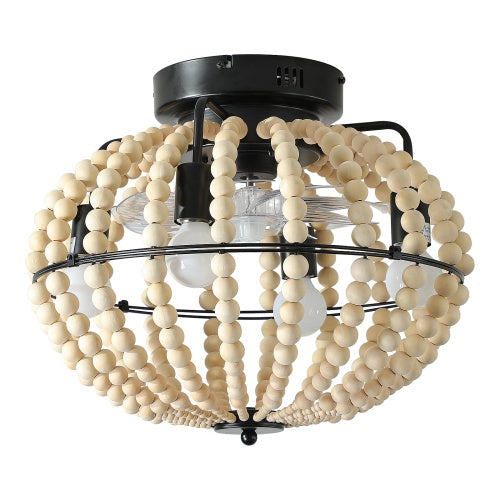 Elegant Beaded Fan Lamp | Handcrafted Wooden Chandelier in Oak White