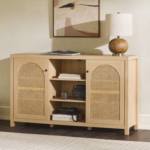 Transitional 2-Door Sideboard With Arched Rattan Panels, Black