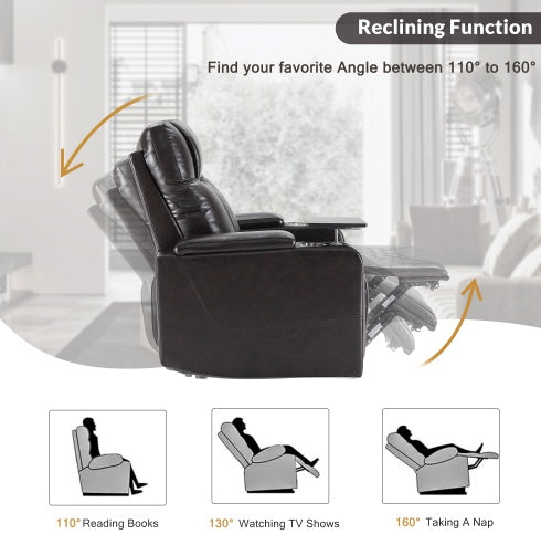 Power Motion Recliner with USB Charging Port, Hidden Arm Storage, and 360° Swivel Tray Table – Brown