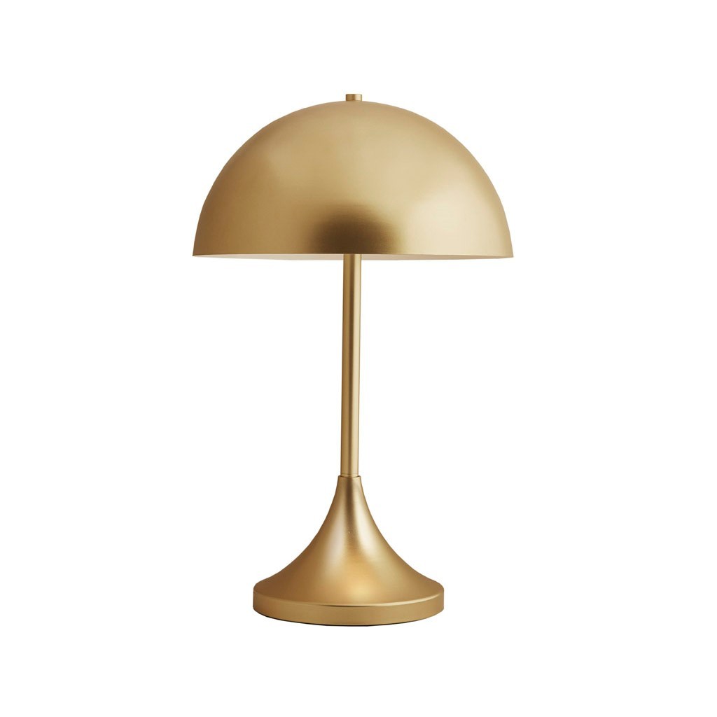A dome-shaped 2-light metal table lamp with a sleek, curved shade, placed on a white table in a room with a minimalist decor 4