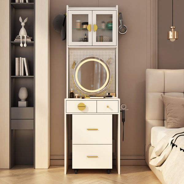3-Drawer, 2-Door Dressing Table Set with Large LED Round Mirror โ Elegant & Functional Vanity for Your Beauty Space