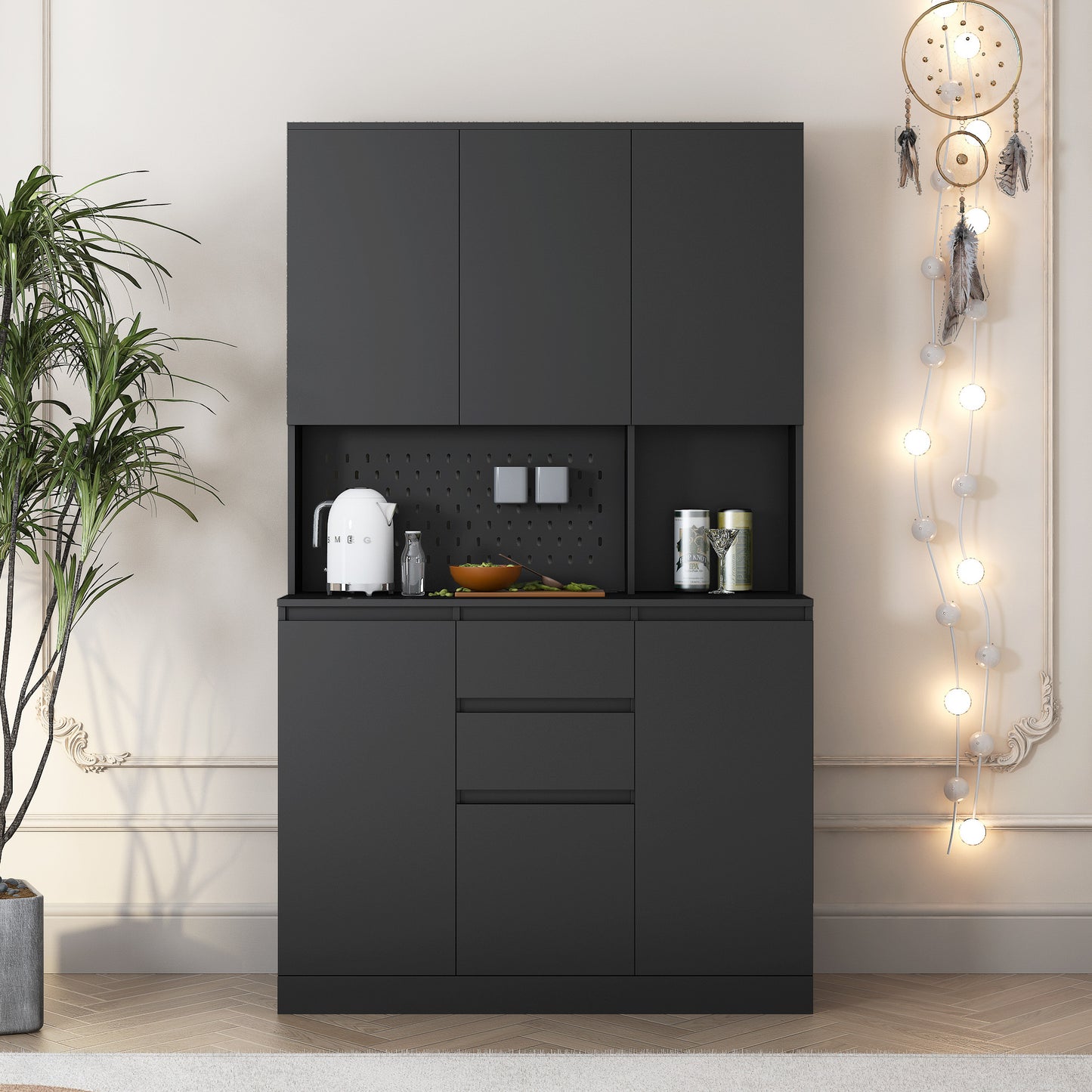 Viva Elite Noir Six-Door Pantry Cabinet – Where Dramatic Storage Meets Kitchen Sophistication