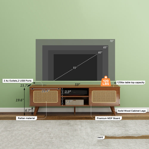 Mid Century Modern Rattan TV Stan , Entertainment Cabinet