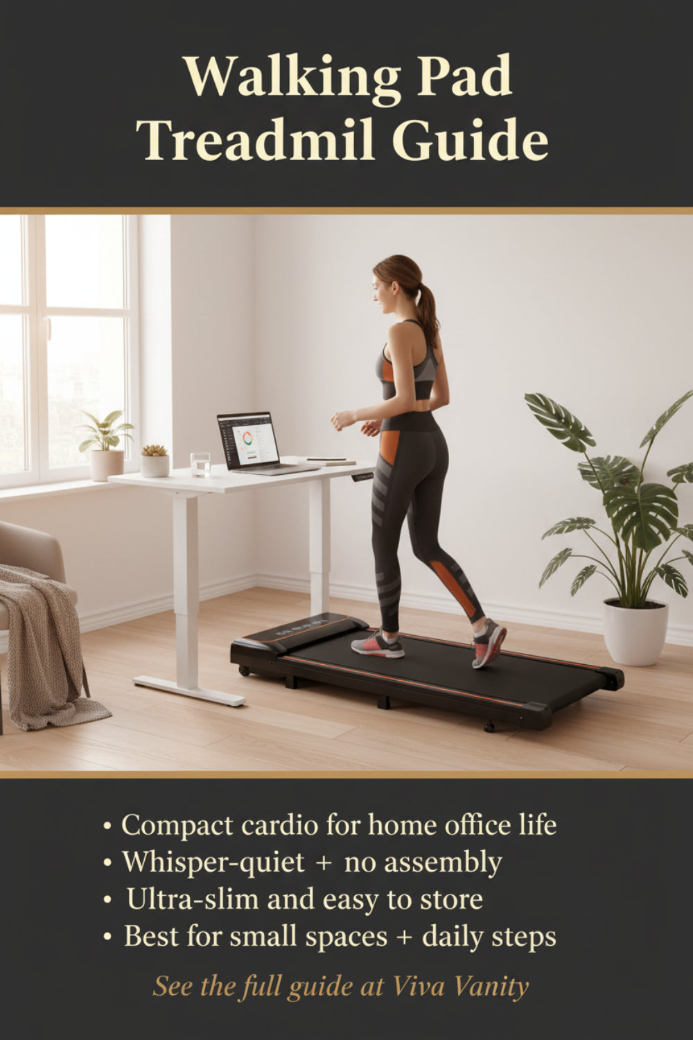 Woman using a treadmill with a standing desk in the background