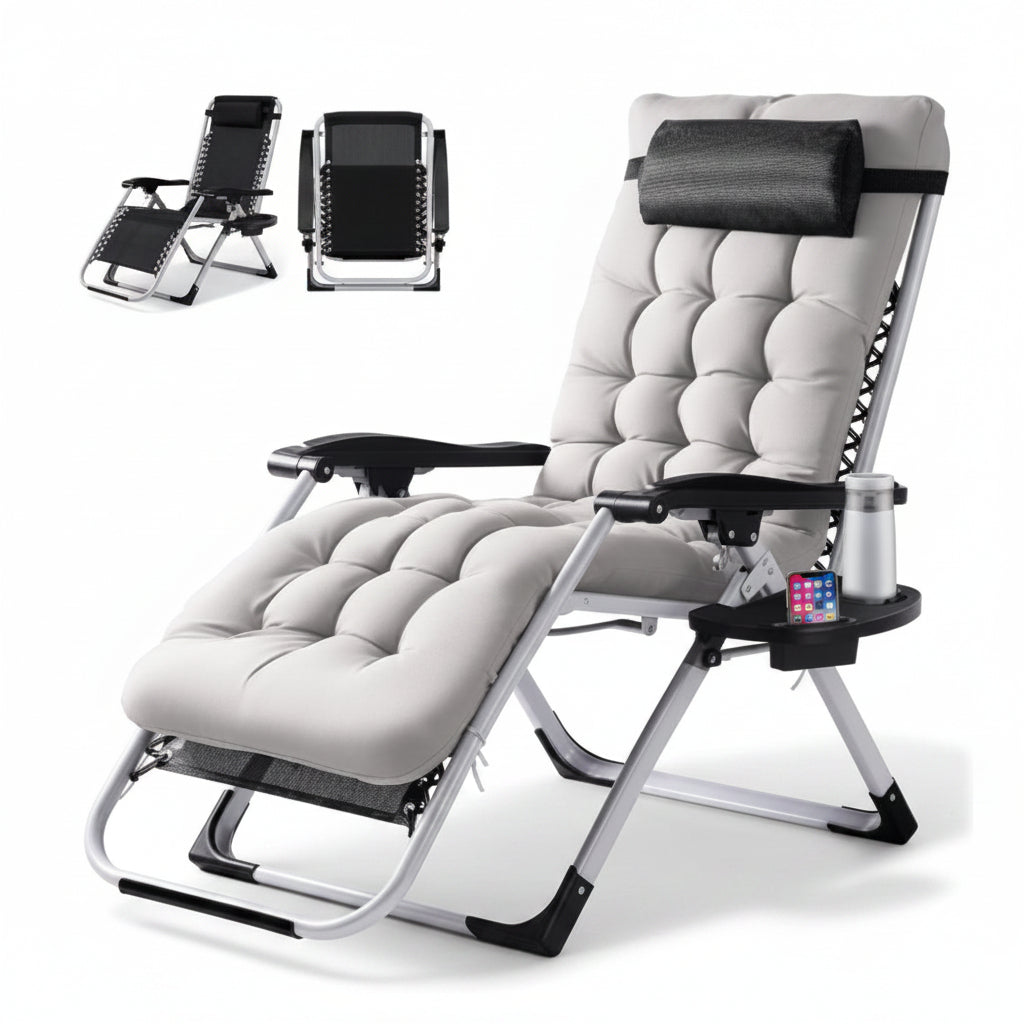 Gray recliner chair with armrest pillow and cup holder on a white background