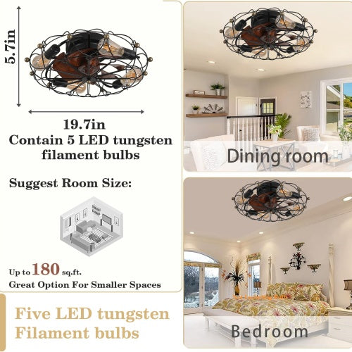 Low Profile Cage Ceiling Fan with Light & Remote Control – Modern Industrial Design for Smart Living Spaces