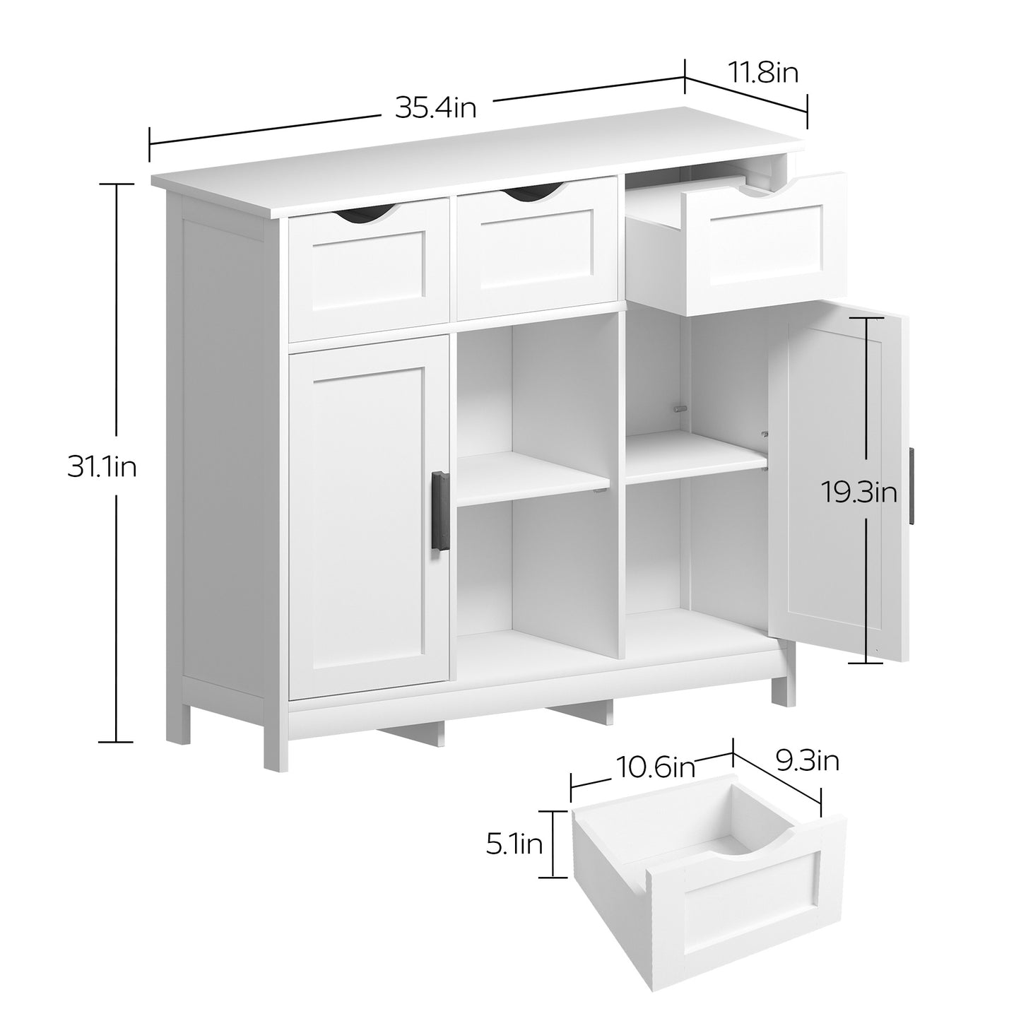 Viva Vanity Multi-Functional White Storage Cabinet with Adjustable Shelves and Drawers – Elegant Organizer for Living Room, Bedroom, and Bathroom