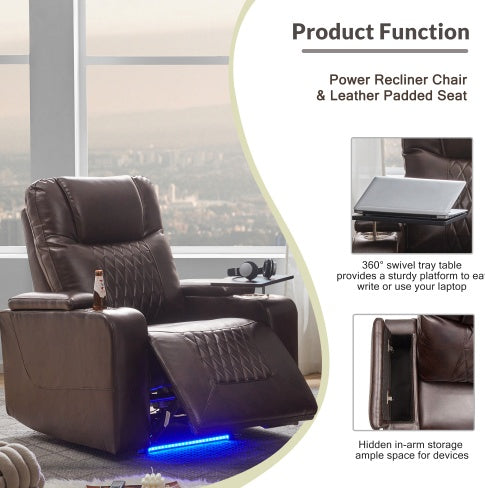 Power Motion Recliner with USB Charging Port, Hidden Arm Storage, and 360° Swivel Tray Table – Brown