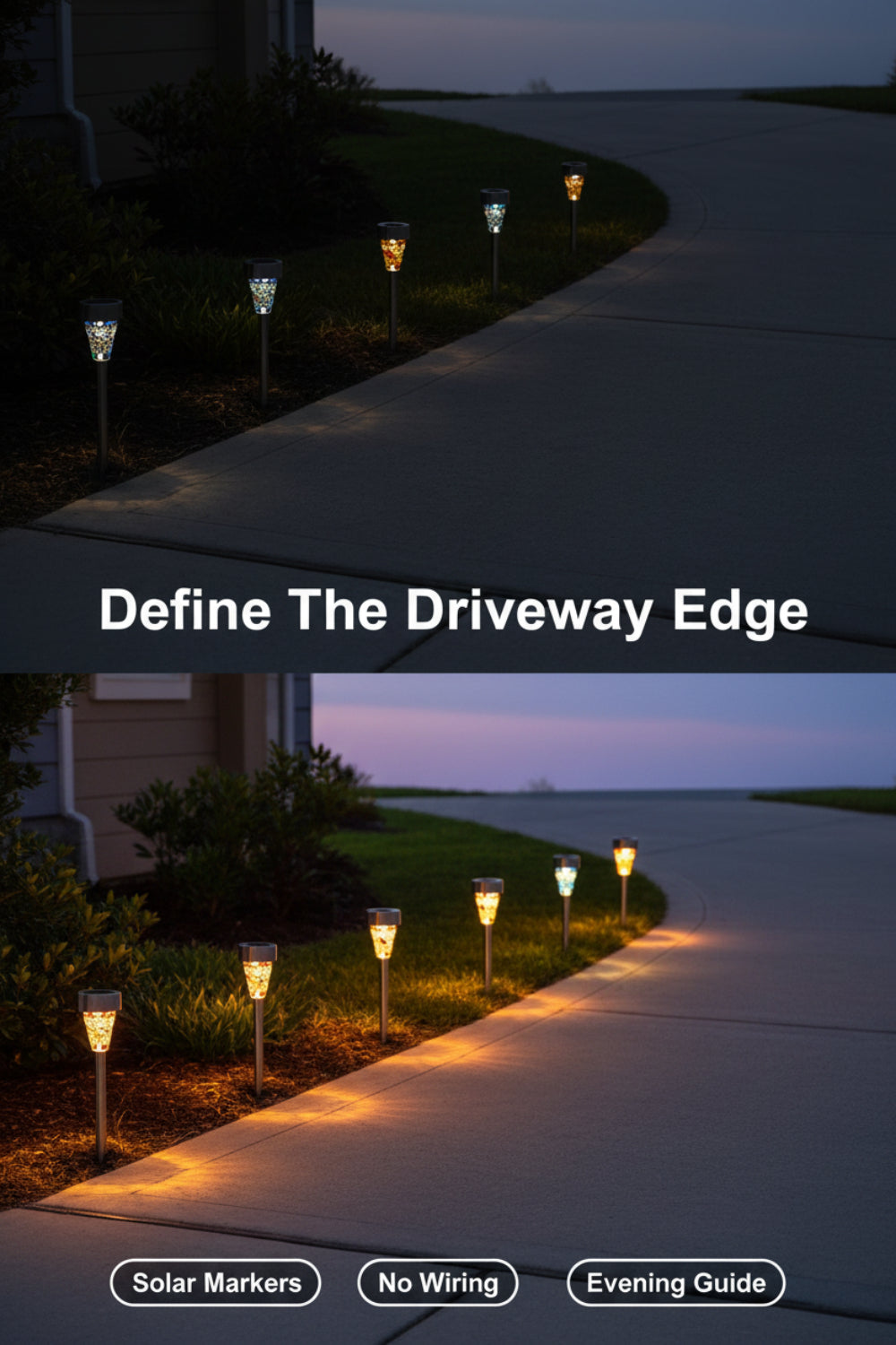 Decorative solar lawn lights in a garden setting with colorful shell designs.