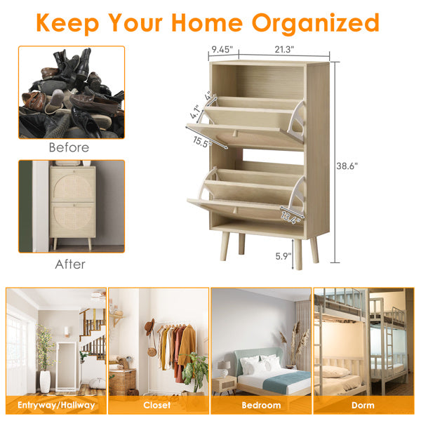 Viva Essentials – 2-Flip Rattan Shoe Cabinet with High Legs