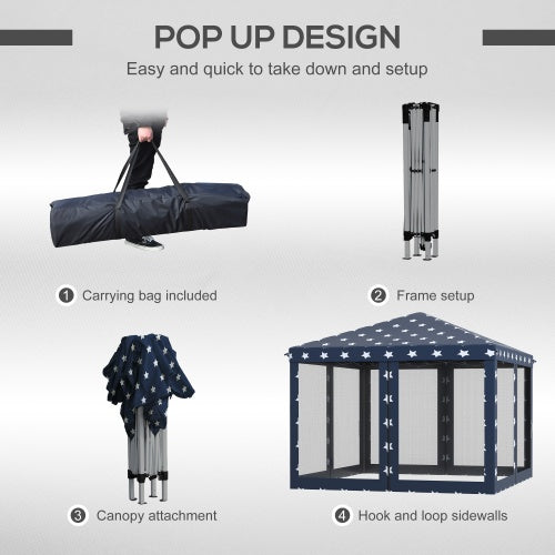 Outsunny 10 X 10 Up Canopy Tent With Netting, Instant Gazebo, Ez Up Screen House Room With Carry Bag, Height Adjustable, For Outdoor, Garden, Patio, American Flag