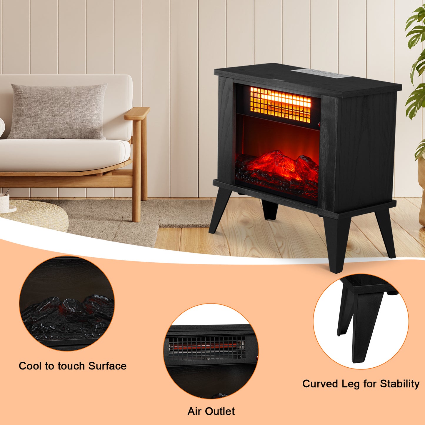ZOKOP HT1287B 15'' Freestanding Electric Fireplace - Elegant Black Wood Finish, 1000W Quartz Tube Heater with Dual Temperature Control