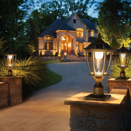 Vintage Gold Solar Pillar Headlights with Dimmable LEDs (2-Pack) – Elegant Outdoor Illumination