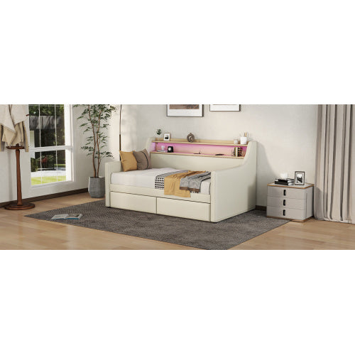 Twin Size Upholstered Daybed with Storage Drawers, LED Lights & Charging Station – Elegant Multifunctional Comfort
