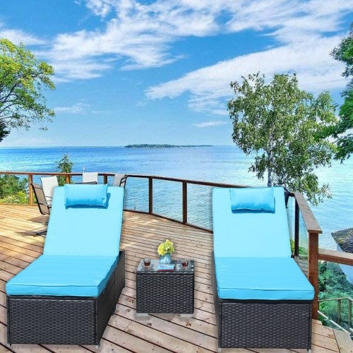 🌴 Viva Breeze™ 3-Piece Blue Patio Chaise Lounge Set – Indulge in Intelligent Outdoor Living
