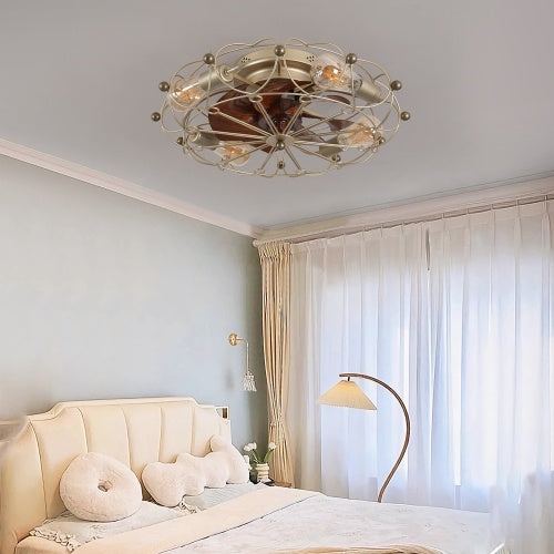 Low-Profile Industrial Cage Ceiling Fan with Light & Remote Control | Modern & Space-Saving Design