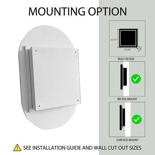20x34 Inch Oval Recessed Metal Frame Bathroom Wall Cabinet with Mirror & Adjustable Shelves