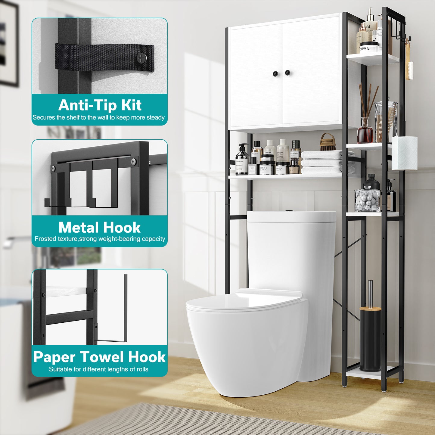 Elegant Bathroom Storage Cabinet with 4 Adjustable Side Shelves - Maximize Your Space with Style