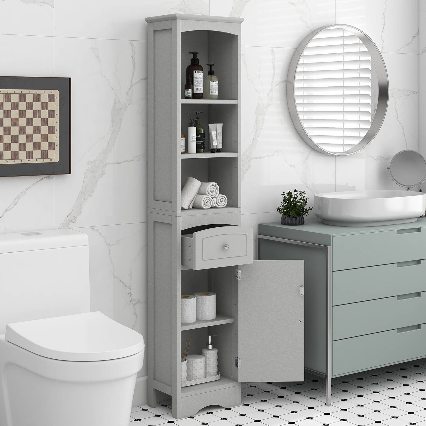 Tall Bathroom Storage Cabinet with Adjustable Shelves & Drawer – Maximize Your Space with Elegance