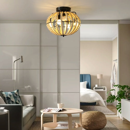 Elegant Beaded Fan Lamp | Handcrafted Wooden Chandelier in Oak White