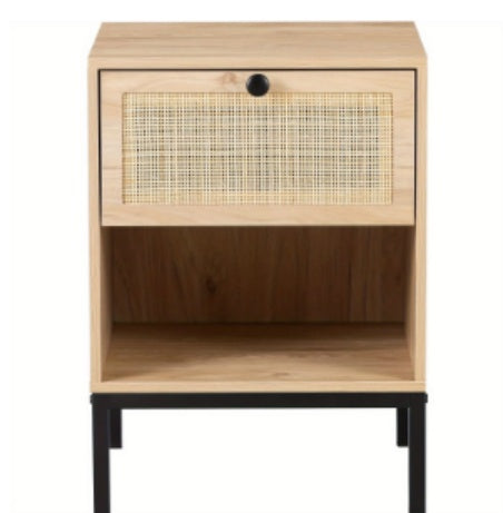 Wooden Nightstand With Woven Rattan Drawer Front - Stylish & Functional, Perfect For Home Decor